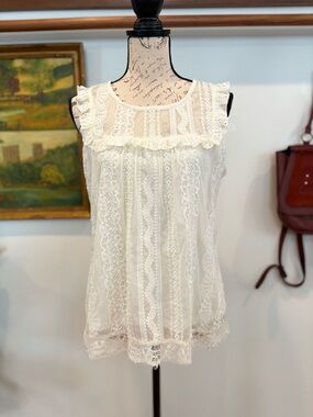Vintage Lily White Lace Ruffle Blouse Sheer Boho Romantic Top L